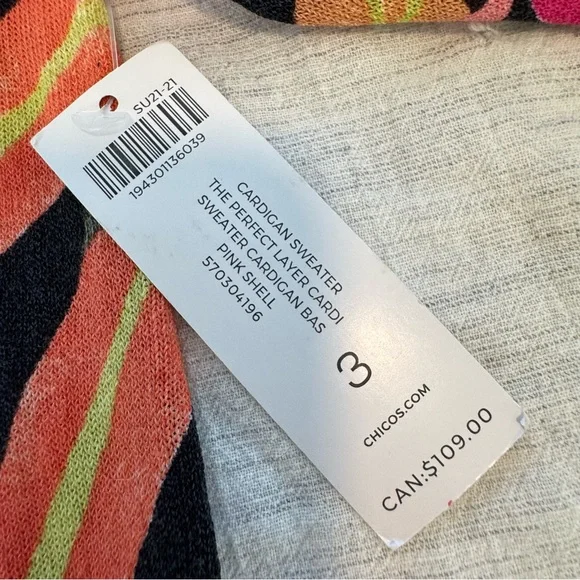 NWT Chico's Vibrant Leaf Pattern Cardigan - Pink, Green, Orange Size XL - Picture 7 of 11